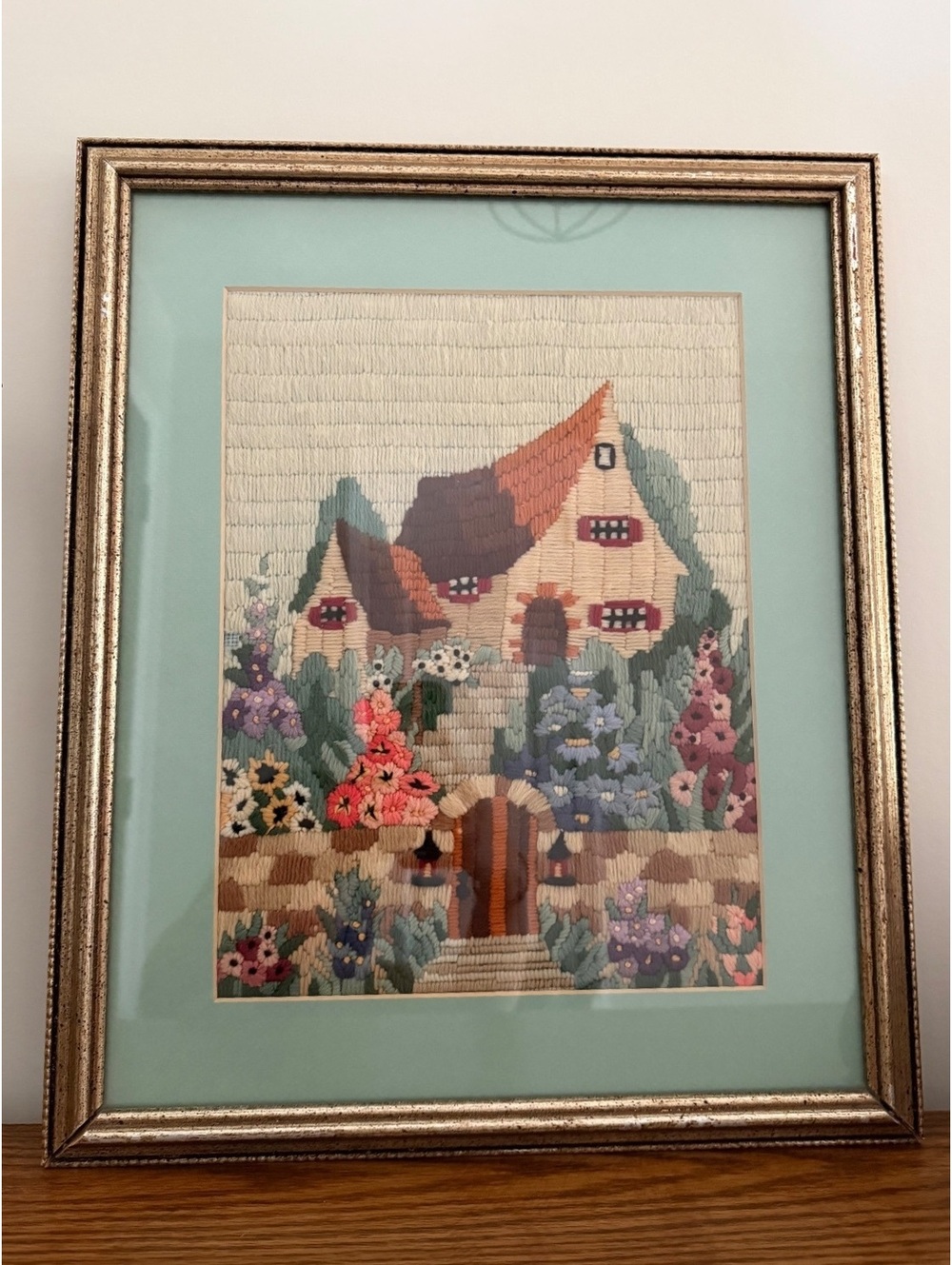 Vintage cottage needlepoint embroidery floral grandmacore art cozy whimsical